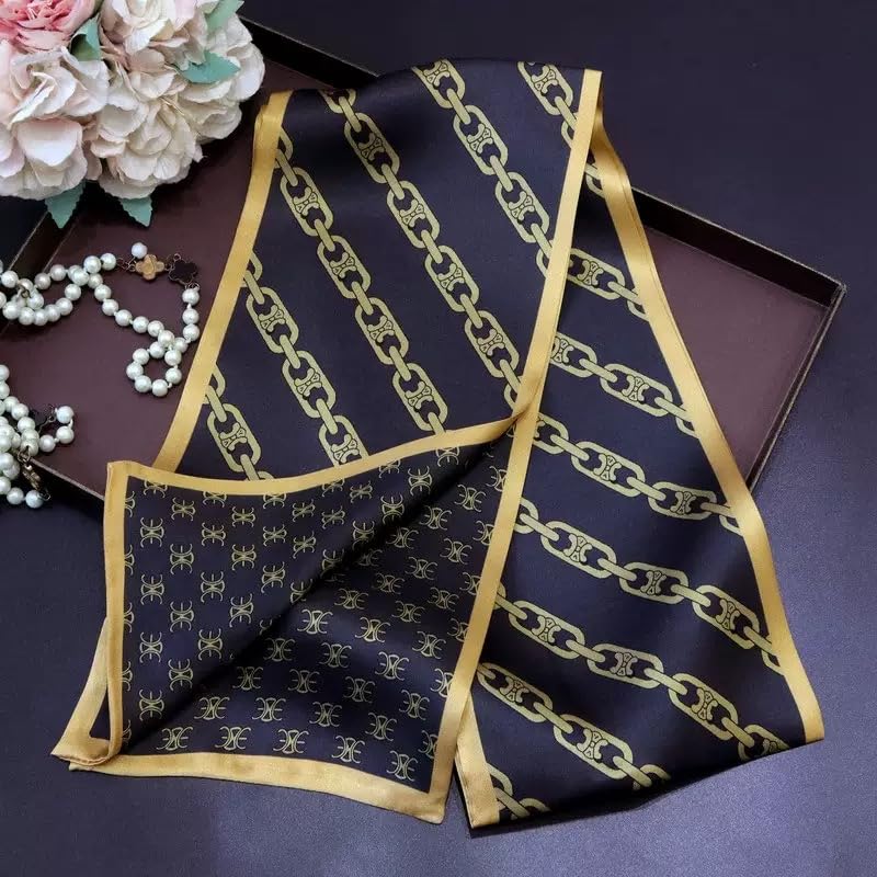 ANDANTINO 100% Silk Scarf for Women 59”*6.3” Long Shawls for Headscarf and Neck- Oblong Hair Wraps with Gift Packed - color: Chains-dark Grey