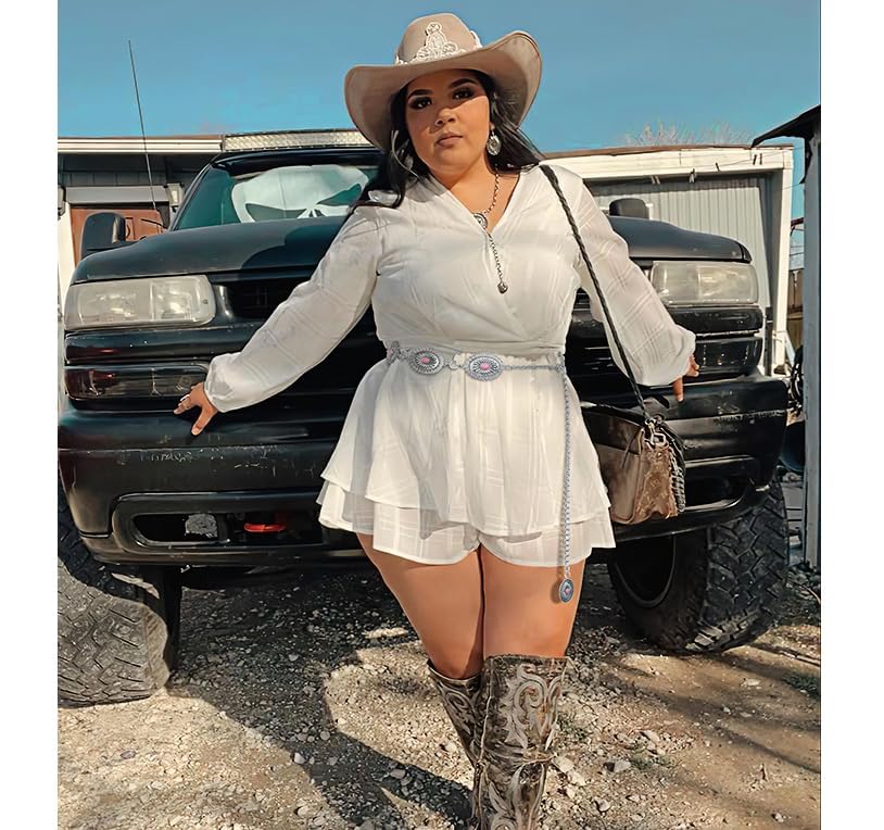 XZQTIVE Women Boho Chain Belts For Dresses Jeans Western Cowgirl Waist Links Belt Adjustable Metal Concho Belt - size: Fit Waist upto 36inches, style: Pink Turquoise Silver