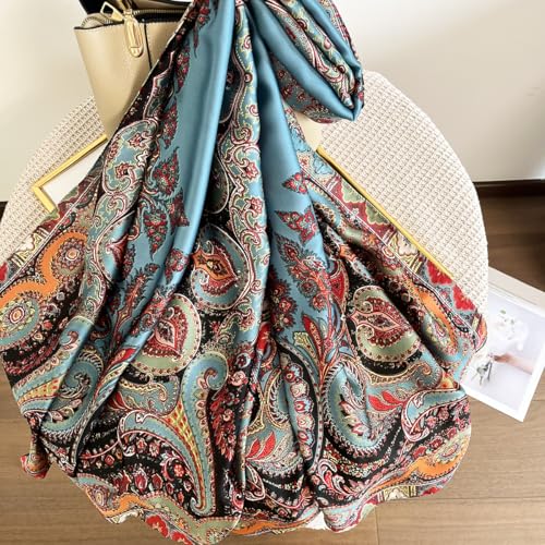 Long Silk Like Scarf Lightweight Satin Scarves Large Sunscreen Shawl Wrap for Women - color: 017.paisley Blue