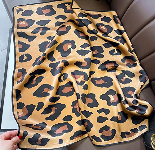 JERLA 100% Pure Mulberry Silk Square Scarf for Hair-27''x27'' Women Men Natural Silk Neckerchief Headscarf - color: Leopard Brown