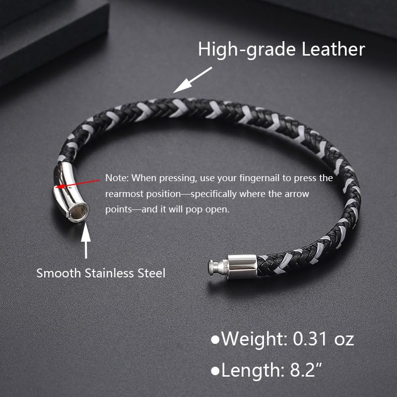Men's Leather Bracelet, Stackable Stainless Steel Clasp Bracelets for Men Stylish Birthday, Thanksgiving, Valentine's Day Gift for My Man - style: 8.2" Gray and black Interwoven Leather