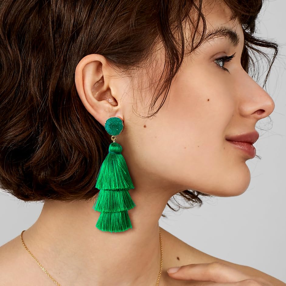 Me&Hz Colorful Layered Tassel Earrings Bohemian Statement Tiered Tassel Big Dangle Drop Earrings for Women Druzy Studs Valentine’s Day Gift - color: Green