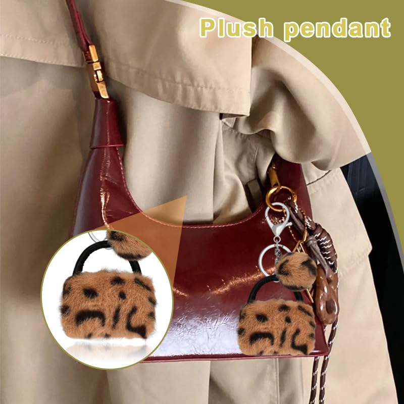 Leopard Faux Fur Keychain for Purse Charms for Handbags Leopard Plush Key Chain for Car Keys - color: Color 1