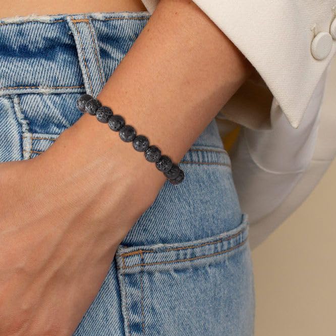 Gnamy Healing Crystal Bracelet for Women, Natural Stone Beaded Healing Crystal Bracelet Triple Protection Stress Relief Beads Jewelry Birthday Gifts Jewelry for Her - style: Black Lava