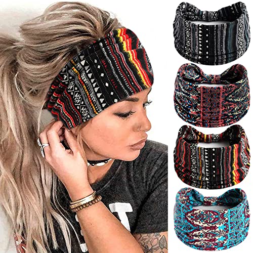 FULZTEY Boho Headbands For Women Fashion Stretch Wide Hair Bands Knotted Floral Turban Stripe Head Bands Yoga Running Sweatband Large African Headwrap Hair Accessories for Teen Girls 4Pcs - color: Style 6