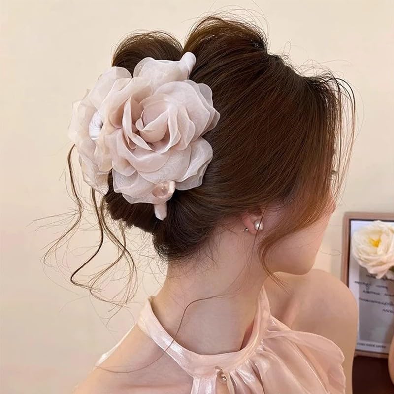 Large Chiffon Rose Flower Hair Claw Clips Boho Mesh Floral Hair Pins Barrettes Strong Hold Non-Slip Beach Vacation Hair Accessories for Women (Pink Large Chiffon Claw with Pearl) - color: Pink Large Chiffon Claw with Pearl