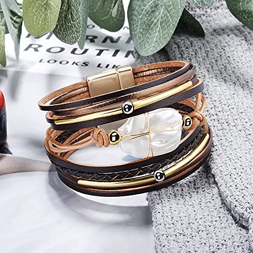 Fesciory Leopard Bracelet for Women, Boho Leather Wrap Multi-Layer Pearl Crystal Bracelet Bangle Jewelry - style: Brown Leather(Pearl)