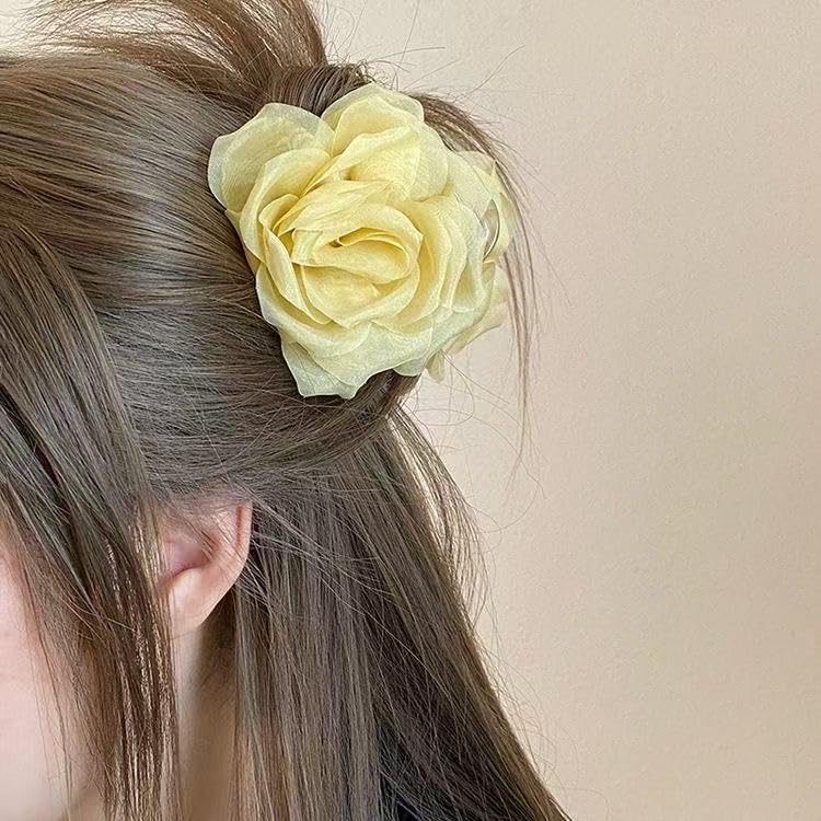 Large Chiffon Rose Flower Hair Claw Clips Boho Mesh Floral Hair Pins Barrettes Strong Hold Non-Slip Beach Vacation Hair Accessories for Women (Yellow Rose Flower Hair Clips) - color: Yellow Rose Flower Hair Clips