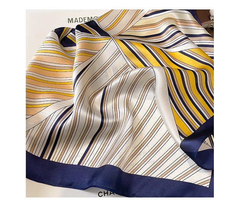 FEIBOON Mulberry Silk Scarfs Neck Scarf 21" Small Square Scarfs hair scarf bandana Neckerchief Headscarf for Women - color: Blue and Yellow Stripes