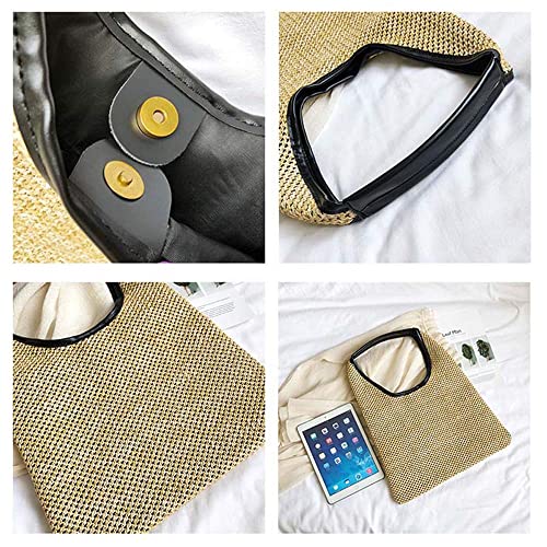 Hand-woven Straw Shoulder Bag Boho Black Leather Top Handle Tote Retro Summer Beach Bag Holiday Travel Handbag - color: Khaki