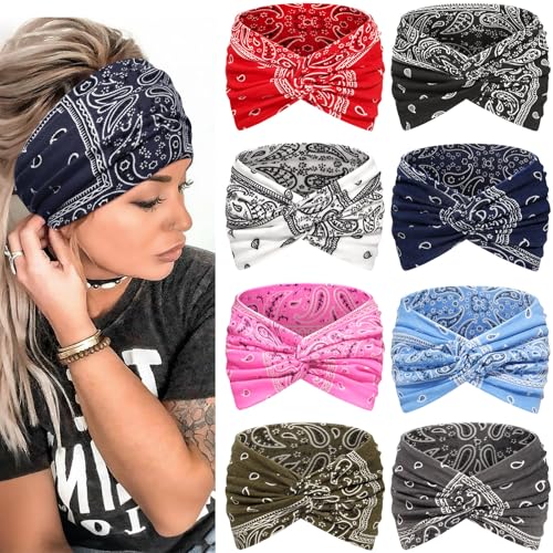 Awumbuk Wide Headbands for Women, 7.08 Inch Thick Boho Turban Style Hair Wraps, Non-Slip Moisture-Wicking Workout Headband for Sports, Yoga, Daily Fashion, 8 Pack Multi Colors (blue) - color: blue