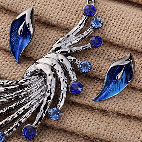 YAZILIND Ethnic Style Tibetan Silver Peacock Crystal Chunky Bib Earrings Necklace Set Wedding Party - color: Blue