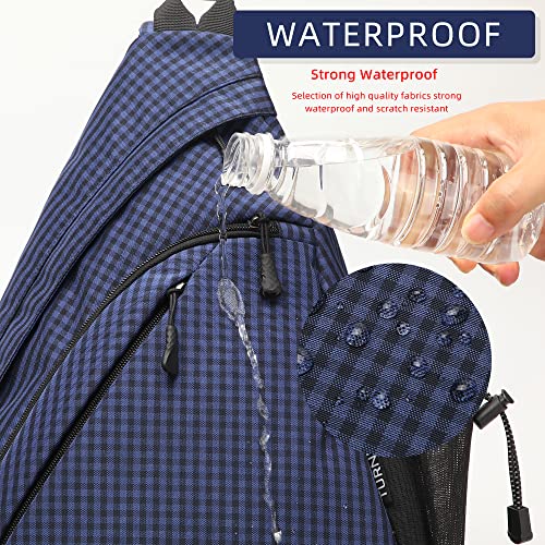 TurnWay Water-Proof Sling bag/Crossbody Backpack/Shoulder Bag with USB Charging Port for Travel, Hiking, Cycling, Camping - color: Blue Grid