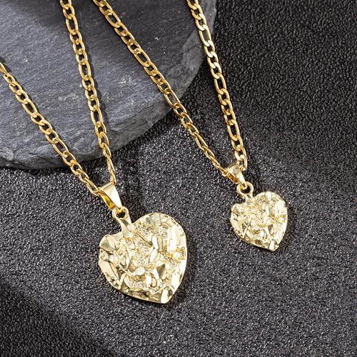 14K White Gold Plated Diamond-cut Heart Pendant Necklace for Women Nugget Heart Charm Figaro Chain Necklaces Minimalist Jewelry - color: gold-large