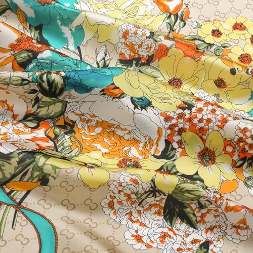 Stlvoll 27.5" Silk Neck Scarf of Women's Fashion Head Scarf Square Neck Satin Scarfs for Bag Hair Scarves Gift - color: Flower/Khaki/Yellow