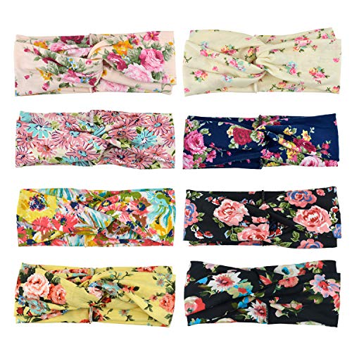 DRESHOW 8 Pack Headbands for Women Yoga Knotted Headbands Elastic Criss Cross Hair Accessories Sports Head Wrap Non Slip - color: 8 Pack Flower Printed Cross B