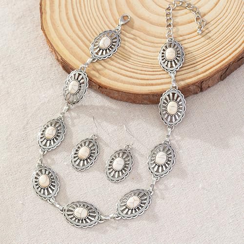 4 PCS Western Turquoise Jewelry for Women Boho Vintage Navajo Pearl Necklace Earring Bracelet Ring Set Country Cowgirl Accessories for Gift - color: L-White