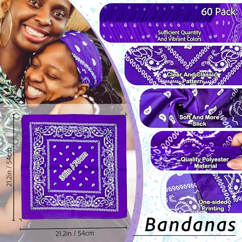 ILHSTY 60 Pcs Women Men Paisley Bandanas Bulk Unisex Bandanas Head Cowboy Scarf Necktie handkerchief Party Supplies - color: Purple