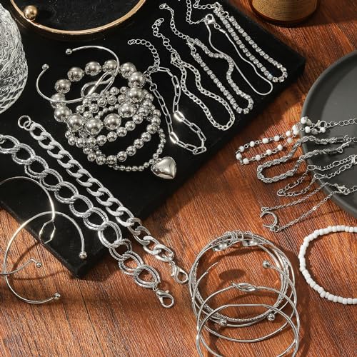 IFKM Gold Chain Bracelets Set for Women, 14K Gold Plated Multiple Layered Stackable Open Cuff Bangle Bracelet Anklet Bracelets Adjustable Link Tennis Beads Italian Cuban Jewelry for Women Gift - style: 28PCS Set