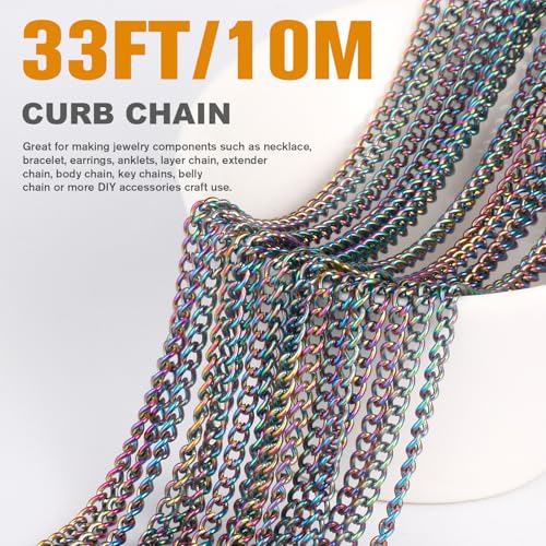66FT Colorful Stainless Steel Curb Chains Roll, 1.5mm 304 Stainless Steel Multi Color Flat Twisted Links Curb Chains Bulk Spool for Jewelry Making DIY Craft - color: Colorful, size: 1.5mm width