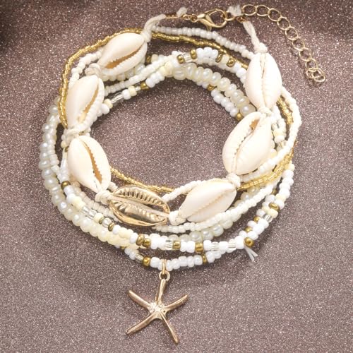 ZMANYIJEW Shell Ankle Bracelet Set for Women, Boho Pearl Adjustable Anklet,Beaded Layered Ankles Bracelets Shell Pendant Elastic Foot Chain Anklets for Women - style: 7pcs