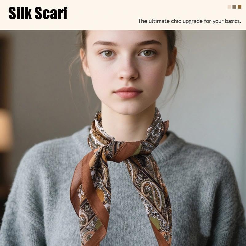 Guqqeuc Satin Head Scarf Silky Feeling Bandana Hair Wrap for Women Silk Scarves Paisley Headscarf Square Scarf Neckerchief - color: Brown