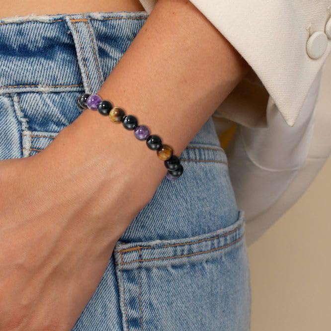 Gnamy Healing Crystal Bracelet for Women, Natural Stone Beaded Healing Crystal Bracelet Triple Protection Stress Relief Beads Jewelry Birthday Gifts Jewelry for Her - style: Triple Protection-2