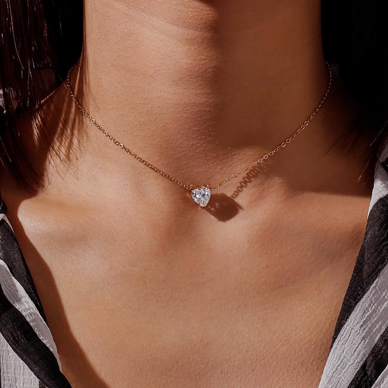 Luxval Diamond Pendant Gold Necklace for Women，Dainty 18k Gold Plated Choker Necklaces Simple Gold Jewelry Gifts for Women Girls - color: Gold-Heart