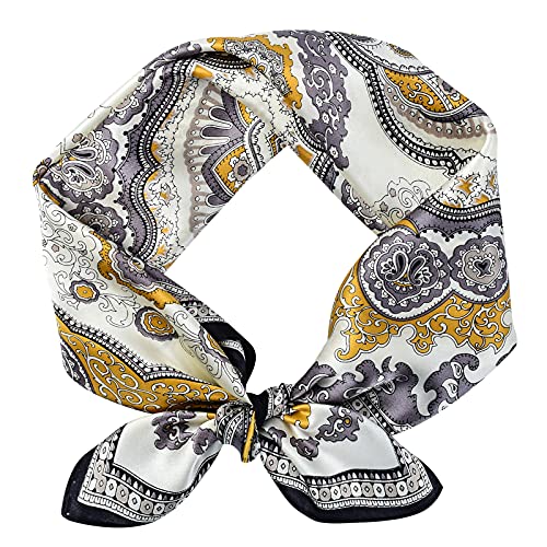 Stlvoll 100% Silk Head Scarf for Women - 27" Hair Scarves Satin Bandanas Square for Night Sleeping with Gift Packed - color: White/Yellow/Cashew Flower