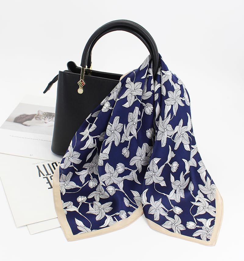 ANDANTINO 100% Mulberry Silk Scarf -21” Square Neckerchief with Gift Packed - color: Leaves-navy Blue