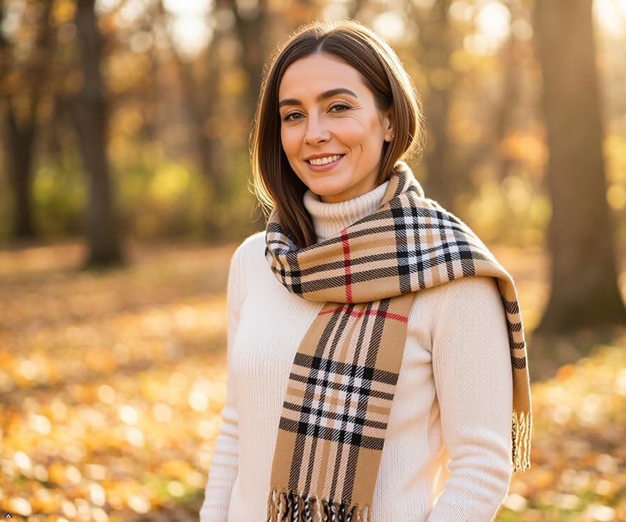 VERONZ Super Soft Classic Cashmere Feel Winter Scarf - color: Camel Plaid