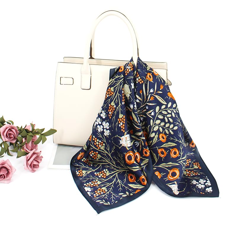 ANDANTINO 100% Mulberry Silk Scarf -21” Square Neckerchief with Gift Packed - color: Flowers-navy