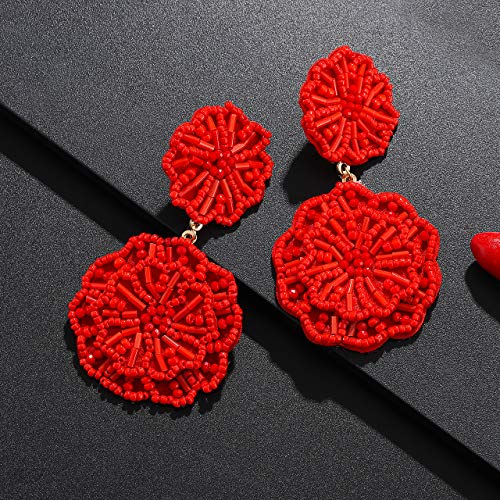 Statement Beaded Drop Earrings for Women Layered Bead Dangle Earrings - color: Red