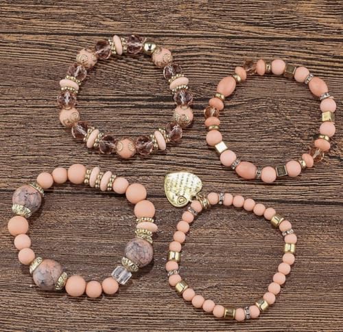 Women Beaded Bracelet Set | Colorful Boho Stackable Trendy Design with Crystal Accents Multilayer Bangle Bracelet | Fashion Stretch Braclets Jewelry for Women - color: Peach