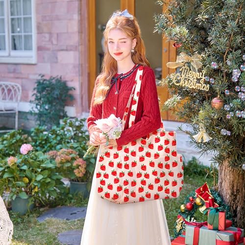 Corduroy Tote Bag for Women,Large Capacity Cute Tote Bags With 6 Pockets,Crossbody Shoulder Handbag for Work Travel Gym - color: Strawberry