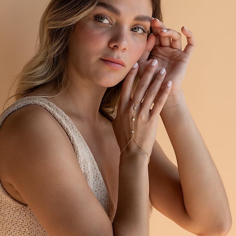 Dainty Gold Hand Chain Bracelet for Women Trendy,Ring Bracelet Hand Chain Bracelets Simple Finger Rings Slave Bracelets Boho Summer Beach Jewelry Accessories - color: Gold cz3