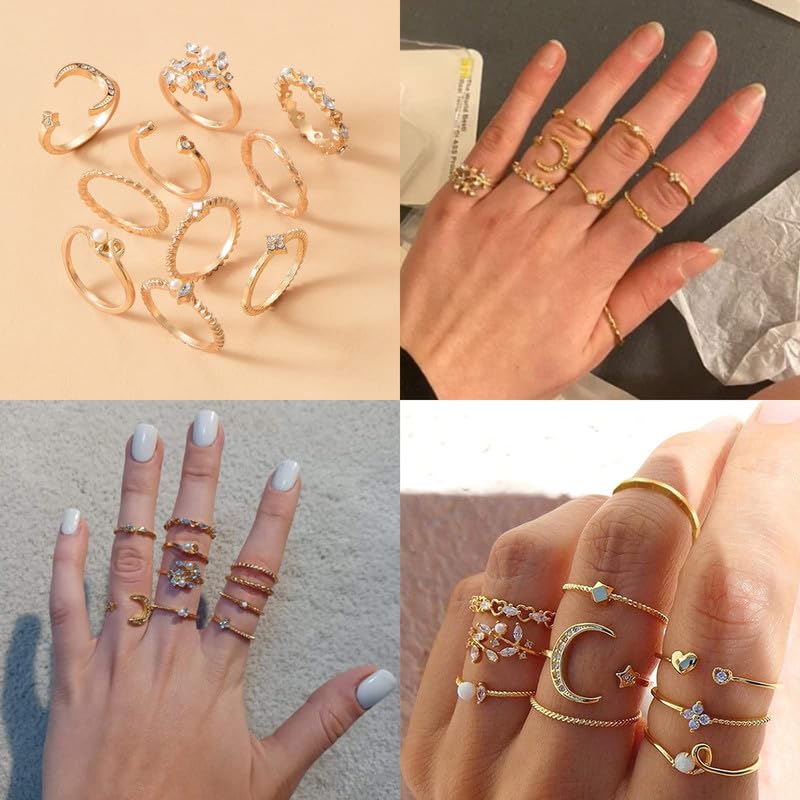 Gold Stackable Rings Set Moon Star Design Adjustable Rings for Everyday Wear Mid FingerPinky Ring Trendy Jewelry Gifts - color: A2