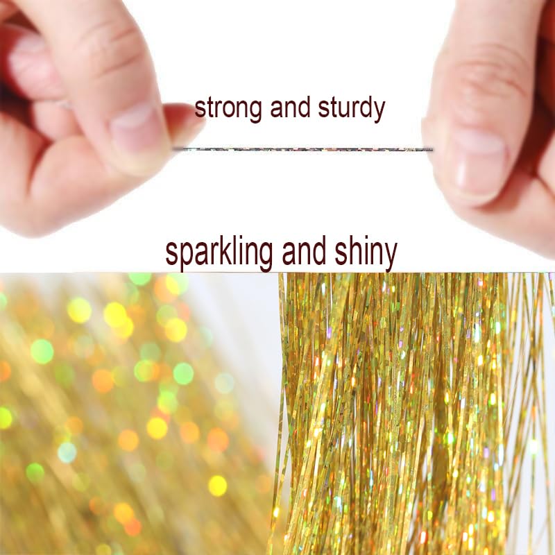 Celinebella Metallic Gold Hair Tinsel, 48" 1250 Strands Luxury Shimmer | Classic metallic gold tone, timeless versatile, heat resistant, great for office wear holiday parties & formal events - color: 16-Holographic Gold, size: 48 Inch Pack of 5Pcs