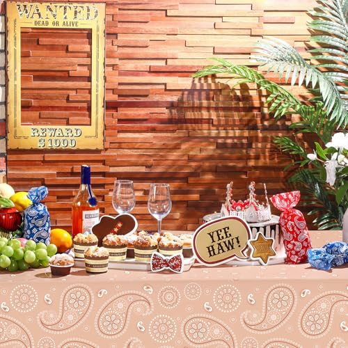 Tatuo Western Party Tablecloth Paisley Table Cover Bandana Plastic Table Cloth Rectangle Floral Tablecloth for Western Cowboy Themed Party 108 X 54 Inch(Apricot,3 Pack) - color: Apricot