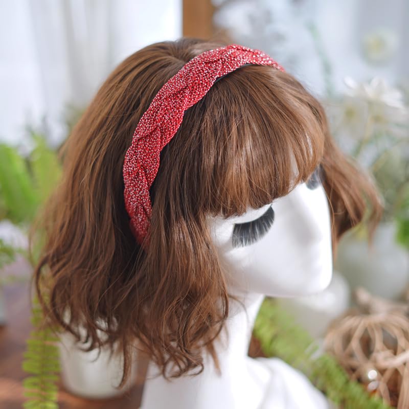 Braided Headband for Women-Vintage Fabric High Crown Headband with Non-Slip Teeth, Cute Boho Knotted Hair Band for Women & Teens (31-Red, One Size) - color: 31-Red