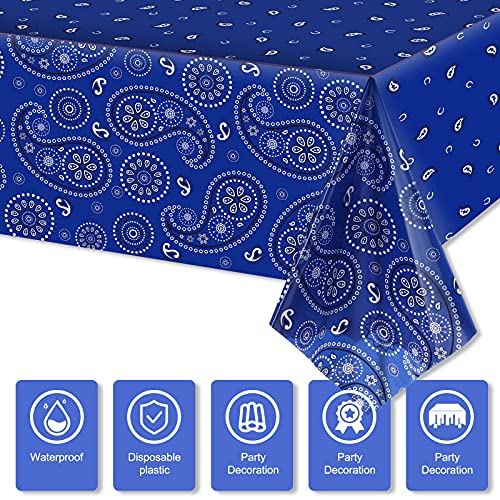 Western Party Tablecloth Paisley Table Cover Bandana Plastic Table Cloth Rectangle Floral Tablecloth for Western Cowboy Themed Party Decorations, 108 X 54 Inches (Blue, 3 Pack) - color: Blue