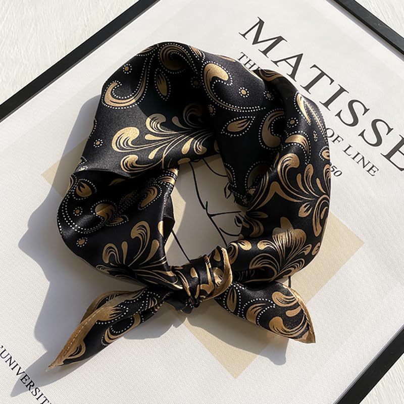 FEIBOON Mulberry Silk Scarfs Neck Scarf 21" Small Square Scarfs hair scarf bandana Neckerchief Headscarf for Women - color: Black + Khaki