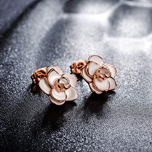 AllenCOCO Rose Flower Stud Earrings for Women Sensitive Ears, Hypoallergenic Cute Gold And Silver Rose Flower Earrings Studs for Women Nickel Free - color: White flower/Rose gold, size: 0.55