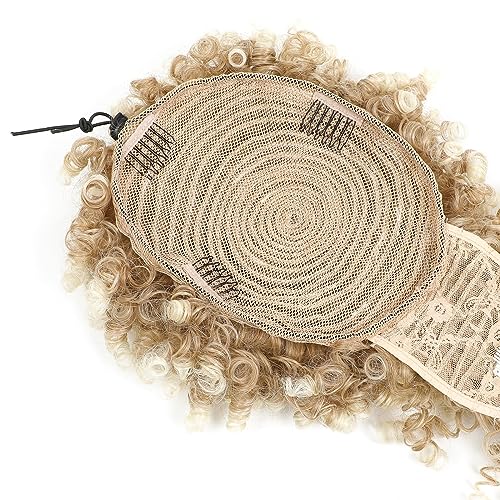 Drawstring Ponytail with Bangs Afro Puff Ponytail Extensions for Women Short Curly Puff Ponytail with Bangs Clip in Wrap Updo Hairpiece for Women (T27/613) - color: T27/613