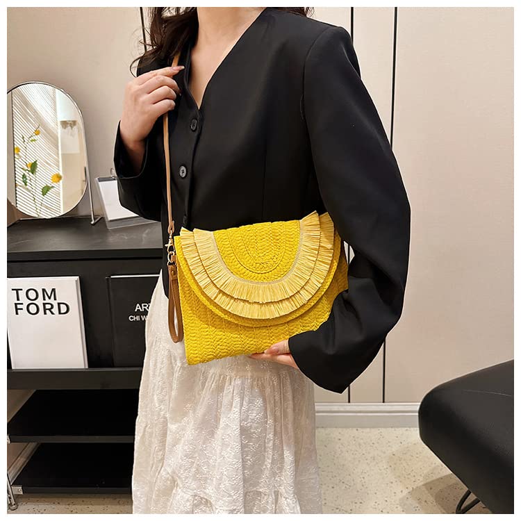 Crossbody Bags for Women, Straw Clutch Purses, Bohemian Handmade Woven Envelope Package, Tassel Handbags for Women | Bohemian - color: Yellow