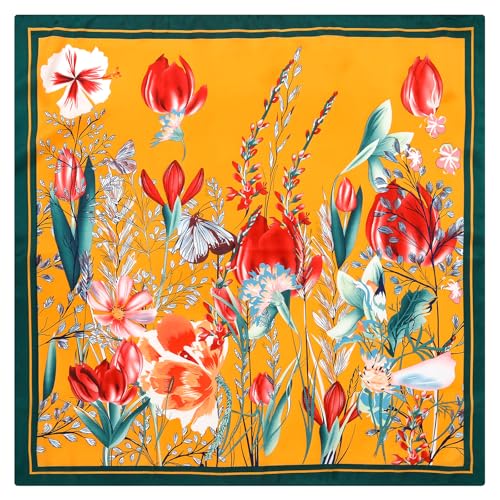 Stlvoll 27.5" Silk Neck Scarf of Women's Fashion Head Scarf Square Neck Satin Scarfs for Bag Hair Scarves Gift - color: Flower/Yellow