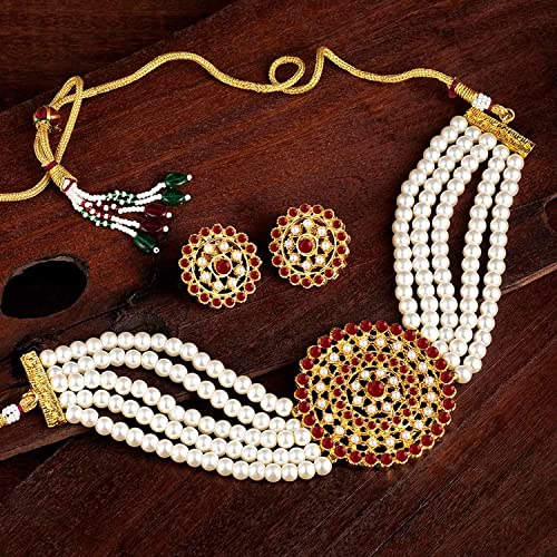Aheli Pearl Diamond Choker Necklace & Round Earrings Gift for Women Indian Traditional Bollywood Fashion Bharatanatyam jewellery set - color: White & Maroon