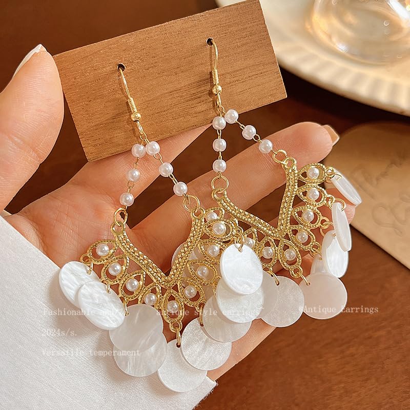 Woven Raffia Rattan Earrings for Women, Boho Flower Hoop & Drop Dangle Earrings Collection, Handmade Summer Beach Vacation Statement Earrings for Party Daily Wear - color: Pearl Lace Drop