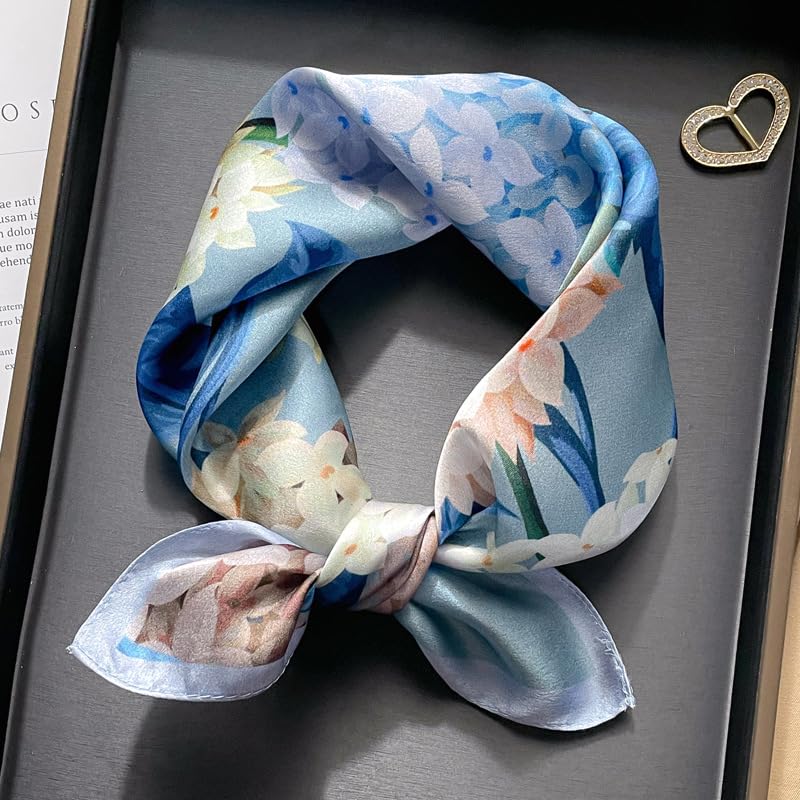 MEISEE 100% Pure Mulberry Silk Scarf 21" Square Scarf Neckerchief Headscarf Breathable Lightweight for Women Gift Packed - color: M3 Blue + Gray