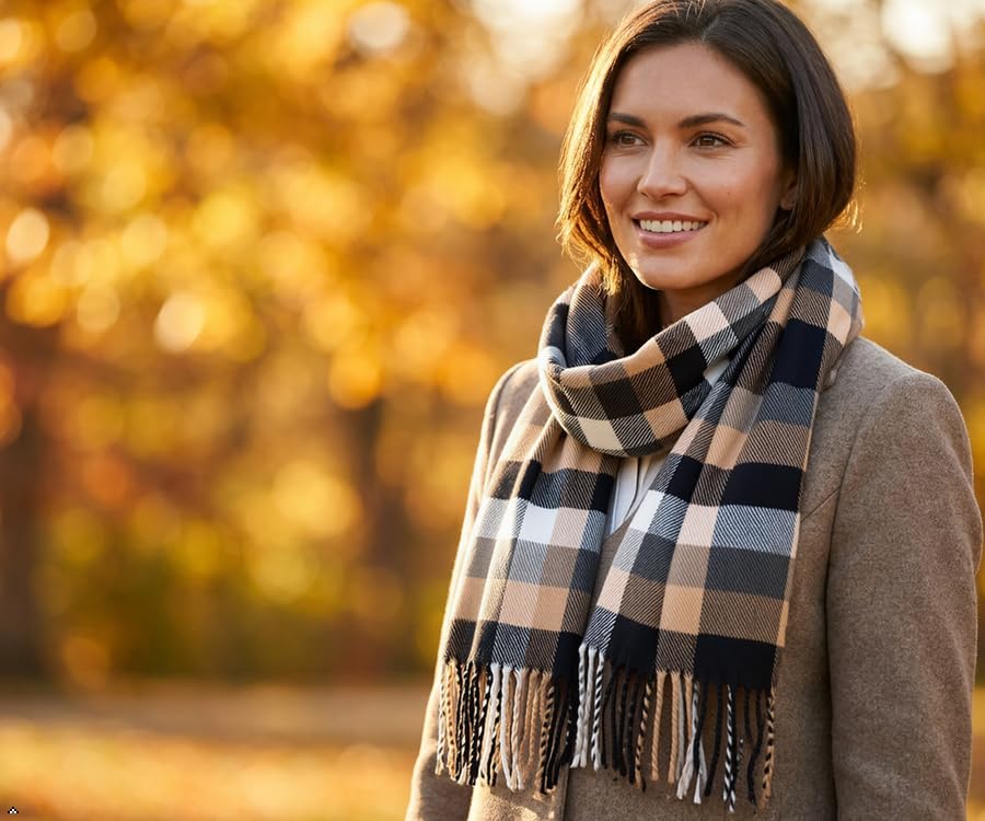 VERONZ Super Soft Classic Cashmere Feel Winter Scarf - color: Beige Plaid